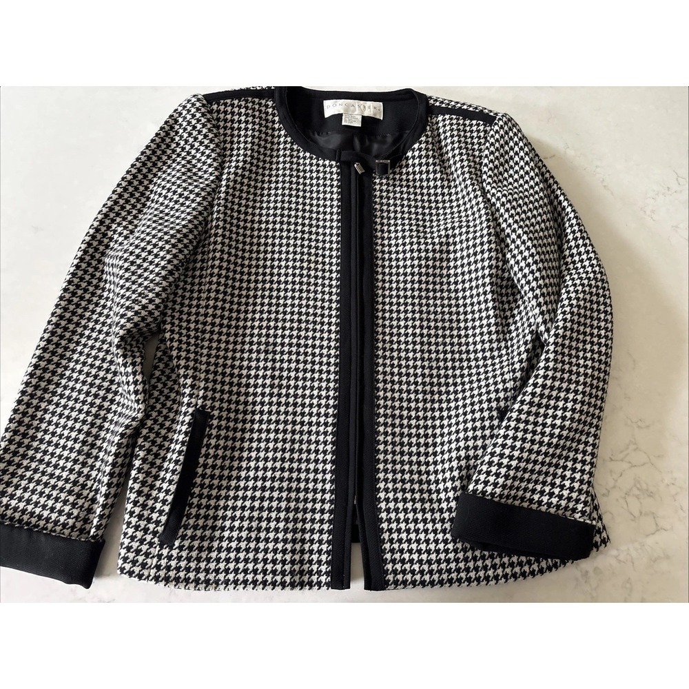 Doncaster 100% Wool Houndstooth Black White Zip Jacket Womens 12 Office Tweed